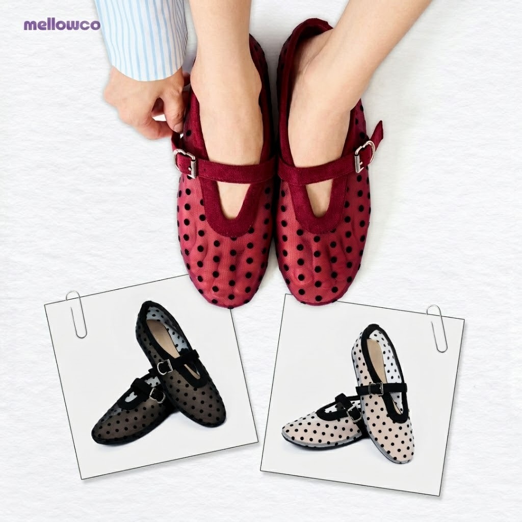 Mellowco รุ่น Rica Polka Dot Flat รองเท้าผ้าตาข่ายลายจุด ME-6104