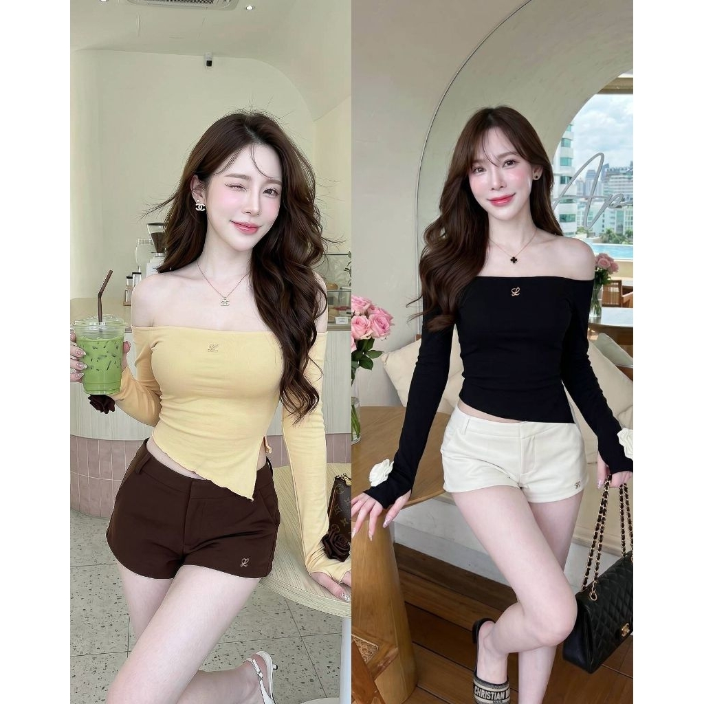 Swan Set เสื้อเปิดไหล่แขนยาวสีเหลืองพาสเทล + กางเกงขาสั้น