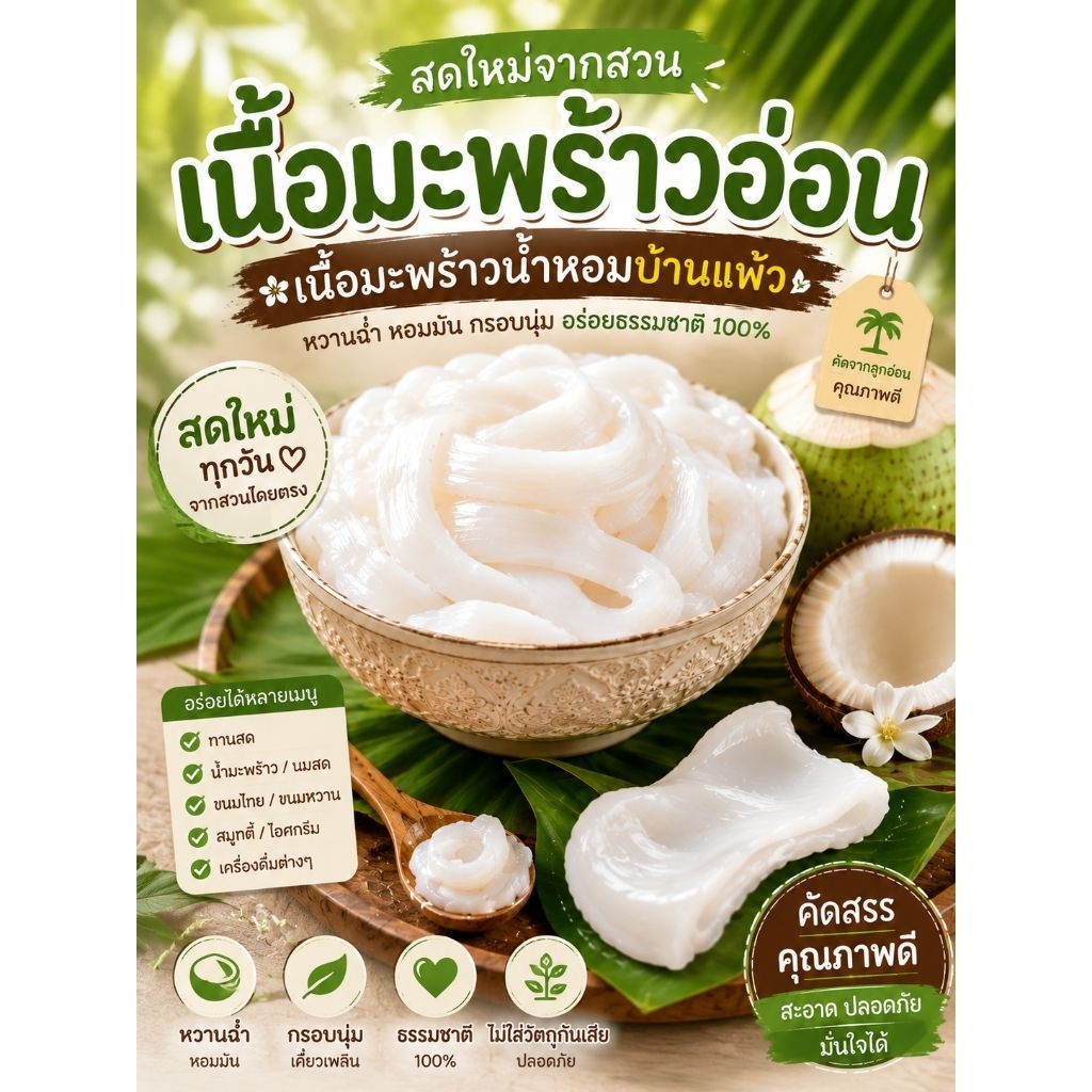 🏍️ส่งด่วน✴️เนื้อมะพร้าวอ่อน น้ำมะพร้าว✴️มะพร้าวน้ำหอมบ้านแพ้วแท้🥥 เนื้อชั้นครึ่ง1.5-1.7 ออเดอร์ละไม่เกิน 6 กก.