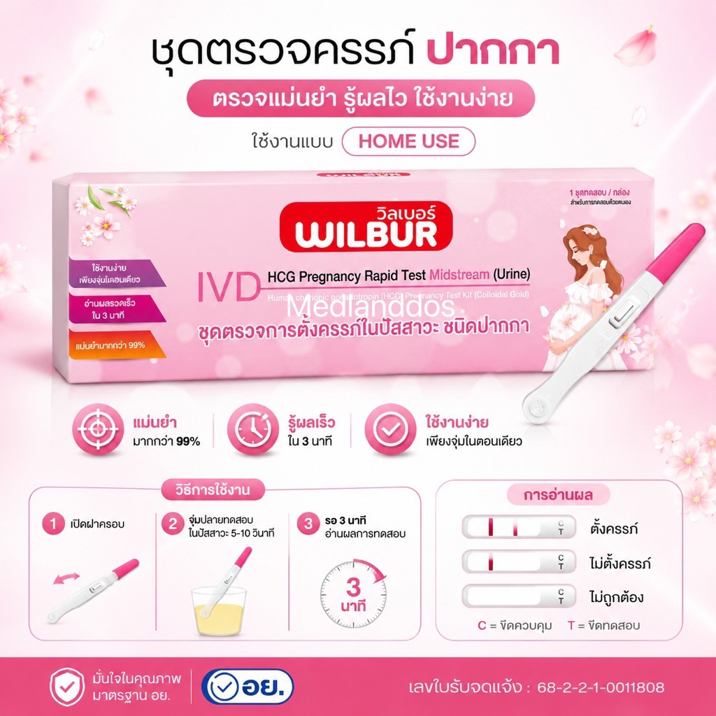 【ที่ตรวจครรภ์】ชุดทดสอบการตั้งครรภ์ แบบ ปากกา WILBUR Human Chorionic Gonadotropin (HCG) มี อย.ไทย