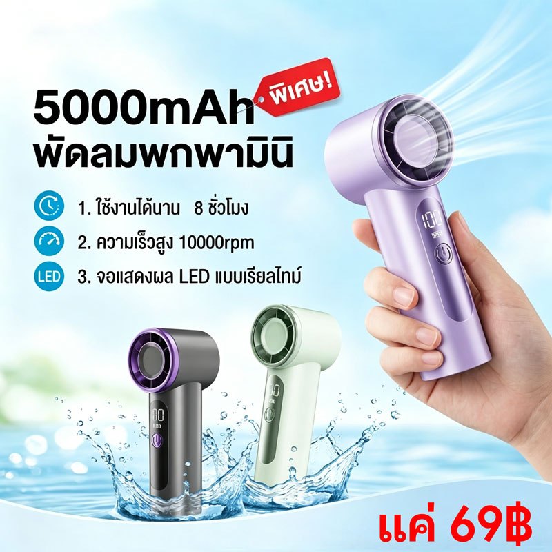 พัดลมพกพา mini fan พัดลมมือถือ ขนาดเล็ก ลมแรง 5เกียร์ พัดลมพกพา ไม่มีเสียง Type-C แบตอึด พกพาง่าย หลังออกกำลังกาย X98
