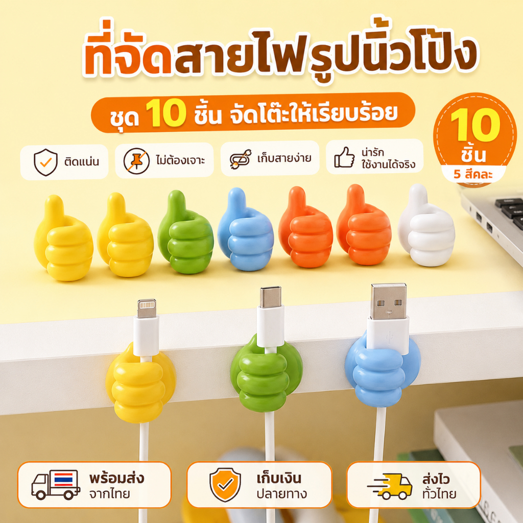 Siam ที่เก็บสายไฟรูปนิ้วโป้ง 10 ชิ้น ตัวล็อกสายชาร์จ ติดผนังไม่ต้องเจาะ จัดระเบียบสายไฟ กันสายตก สีคละน่ารัก