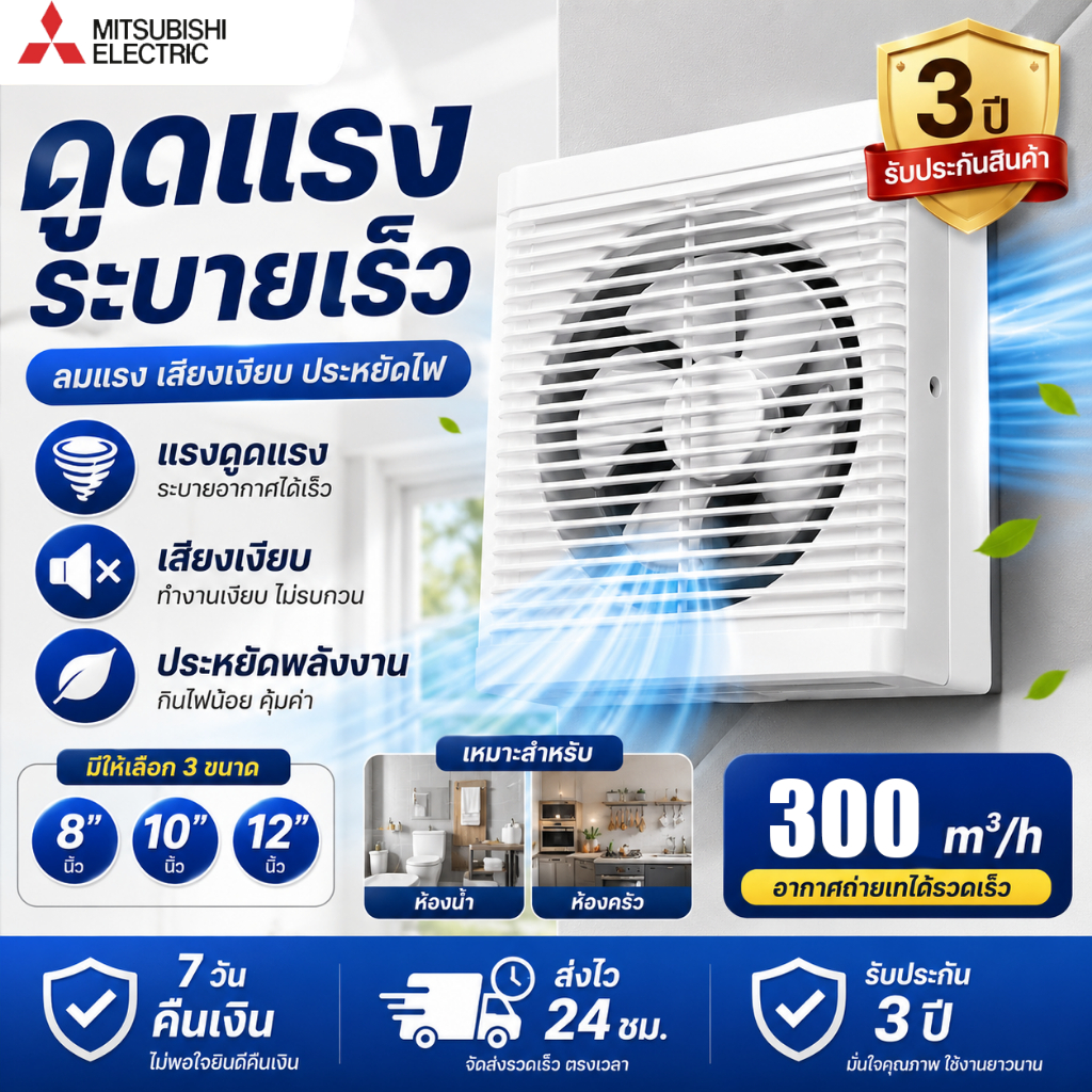 พัดลมดูดอากาศติดผนัง บานเกล็ด 8/10/12 นิ้ว  ดูดแรง เงียบ ประหยัดไฟ ติดตั้งง่าย ลดกลิ่นอับและความชื้น รับประกัน 3 ปี