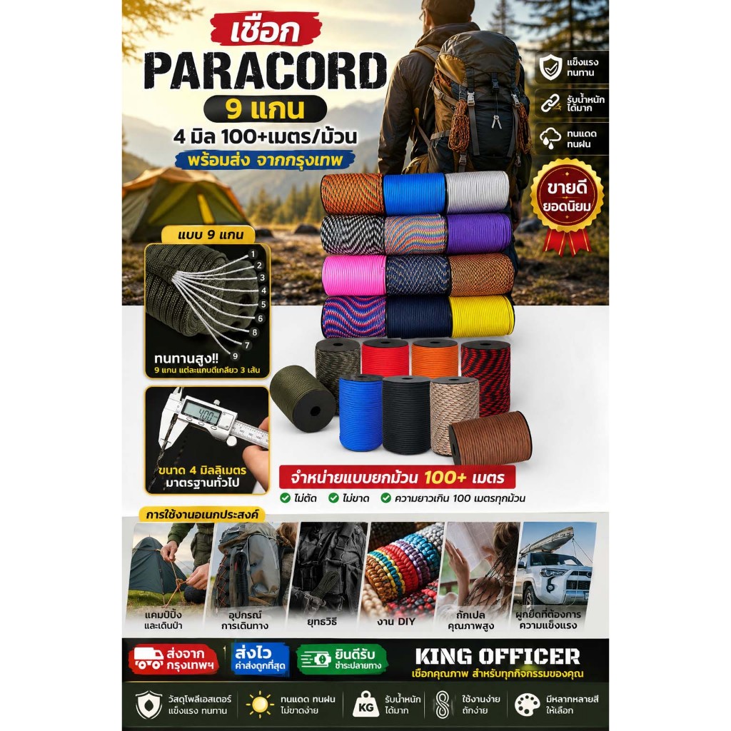 เชือกพาราคอร์ด paracord 4 mm 9 แกน แท้ สำหรับ ชูชีพ เดินป่า กางเต็นท์ ถักหมวกปีก ถักพวงกุญแจ DIY
