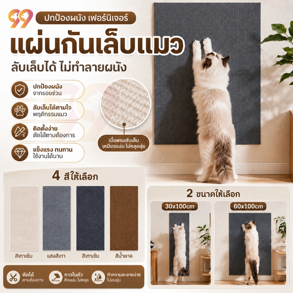 99PET  เสื่อปีนแมว ที่ลับเล็บแมว สามารถติดตั้งได้กับทุกผนัง เหนียวสุดๆ ปกป้องโซฟาเฟอร์นิเจอร์