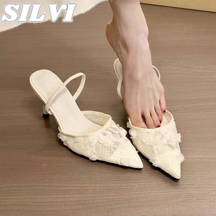 SILVI SHOES รองเท้าส้นสูงรองเท้าส้นสูงแหลมปลายรองเท้าส้นสูงลูกไม้ดอกไม้รองเท้าส้นสูงดอกไม้รองเท้าส้นสูงสำหรับปาร์ตี้