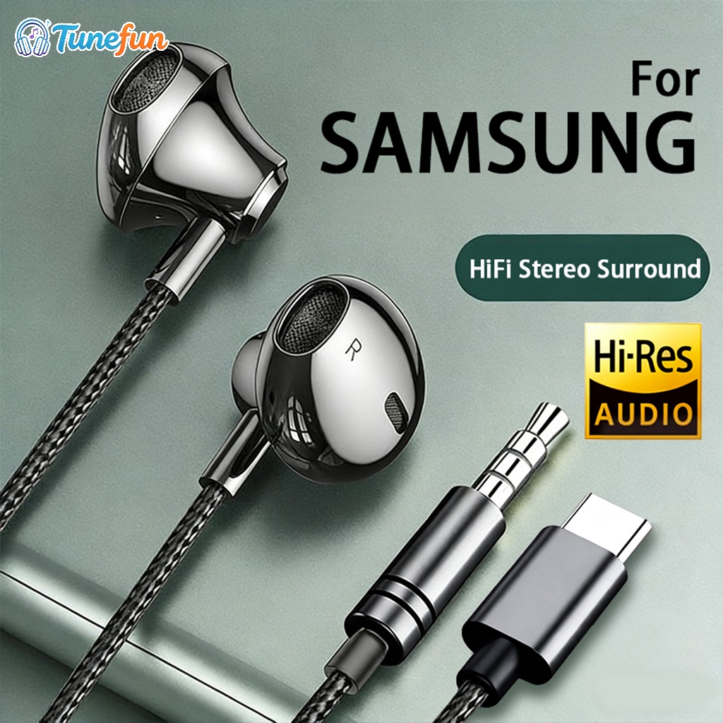 9D สำหรับ Samsung Galaxy S24 23 ทุกประเภท C USB สายหูฟังไฮไฟเบสสเตอริโอควบคุมระดับเสียงไมโครโฟน 3.5 มม wired earphones