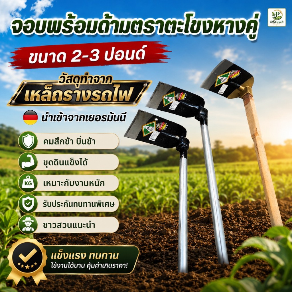 จอบขุด ตราจระเข้ ขนาด 2-3 ปอนด์ ขุดดิน ของแท้ 100% จอบ จอบพร้อมด้ามเหล็ก 120-150 ซม.ใช้ได้นานเกิน5ปี