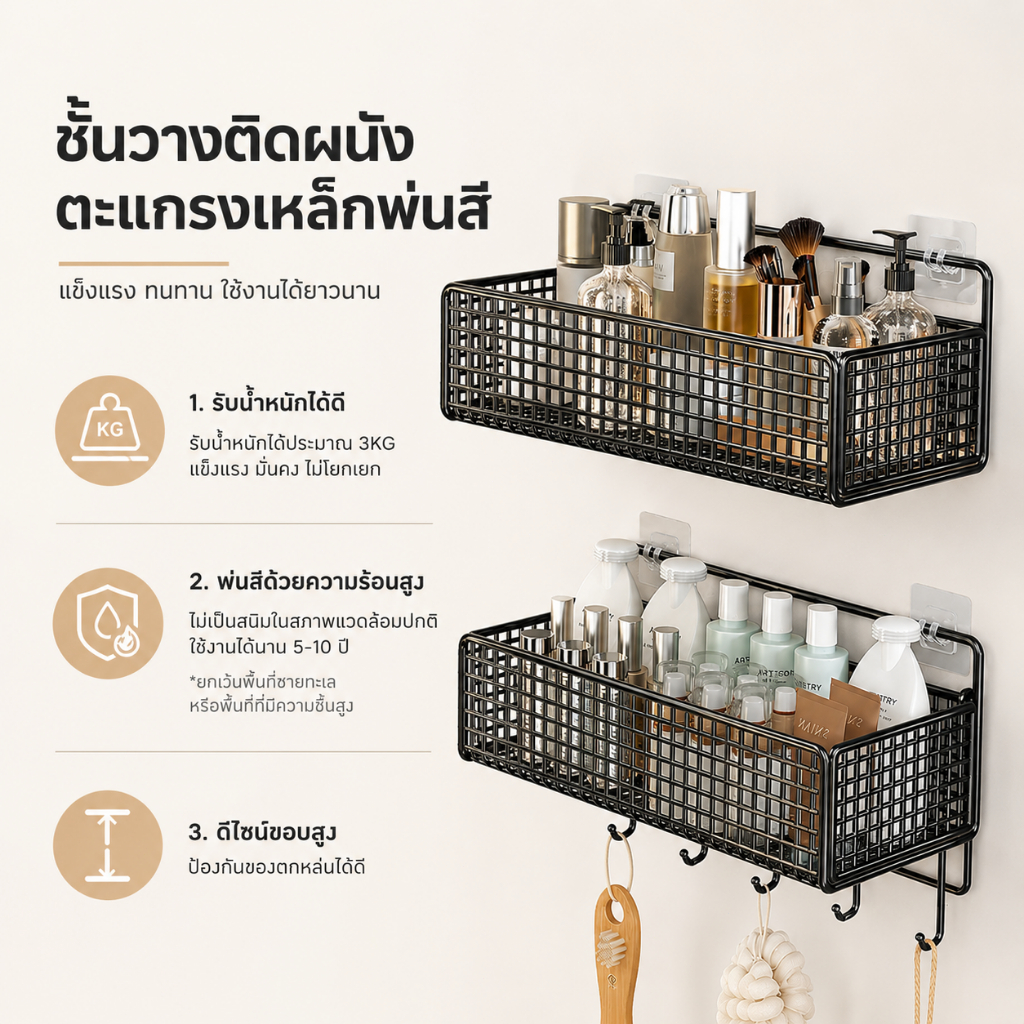 ของใช้ในหอ ชั้นแขวน ที่วางของ ความจุขนาดใหญ่ ติดผนัง มีกาวแถม