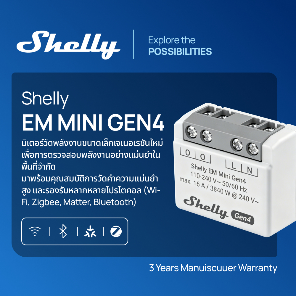 Shelly EM Mini Gen4 สมาร์ตพาวเวอร์มิเตอร์ ขนาดกะทัดรัด สูงสุด 3840W Wi-Fi, Zigbee Matter ติดตั้งง่ายในกล่องไฟ