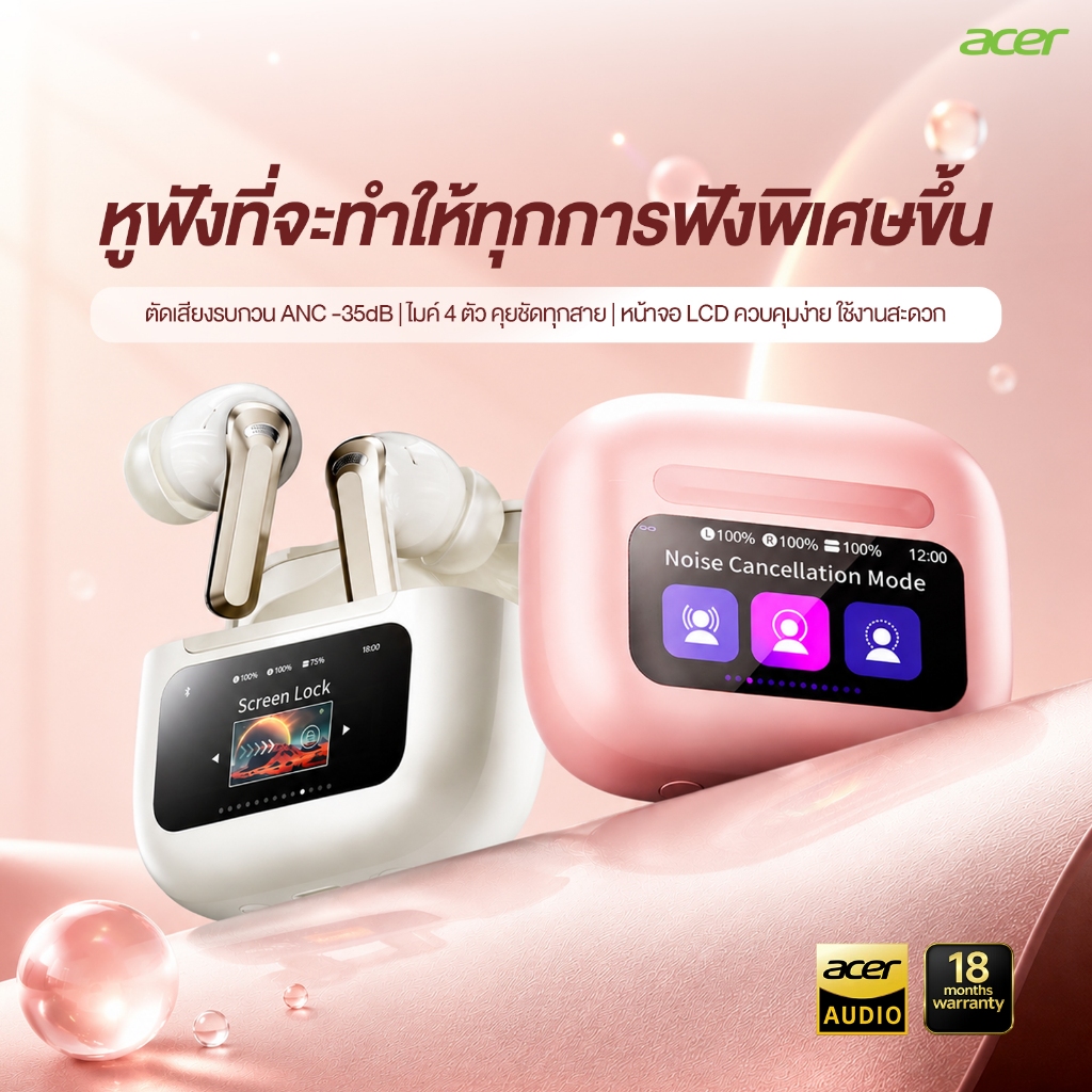 Acer OHR724 หูฟังบลูทูธ หน้าจอสมัผัส บลูทูธ6.0 ตัดเสียงรบกวนENC ANC -35dB สีสันน่ารัก เสียงดีเบสแน่น