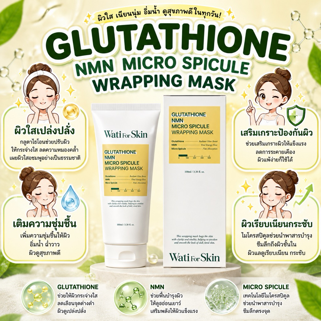 มาส์กแรปนวัตกรรม Micro Spiculeผสาน Glutathione และ NMN ช่วยผลักสารสกัดลึกถึงระดับเซลล์ เปลี่ยนผิวหมองคล้ำให้ขาวใส เงาวาว