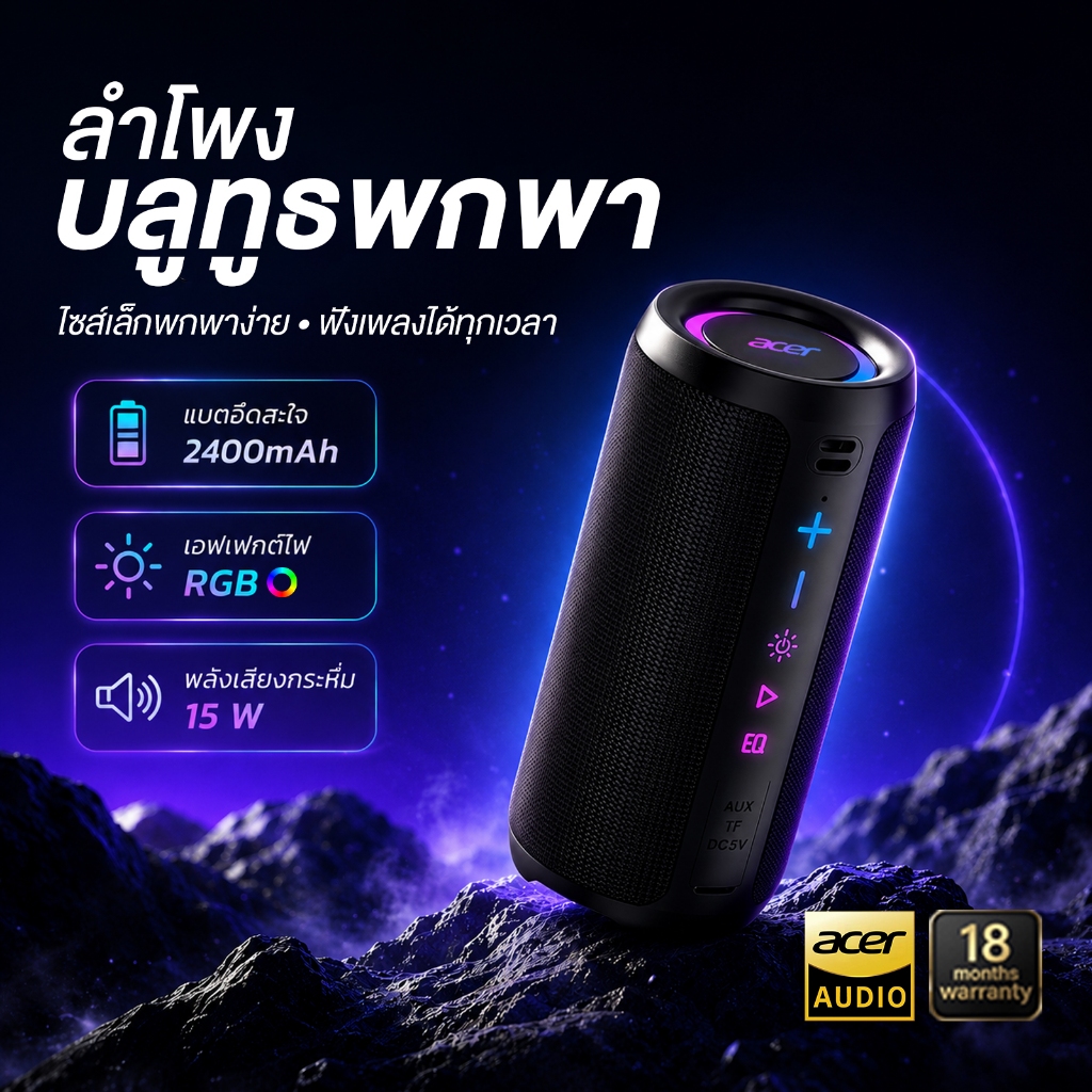 Acer OSK293 ลำโพงบลูทูธ Bluetooth6.0 15w เสียงสเตอริโอเบสหนักแน่น แบตอึด พกพาง่าย (รับประกัน18เดือน)