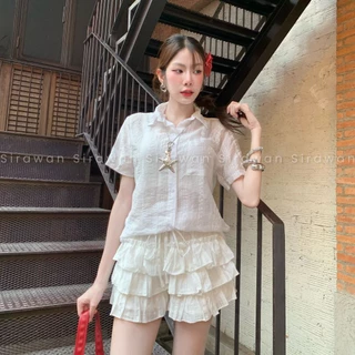 💰Mahahengcloset💰กระโปรงแต่งระบาย 3 ชั้น ผ้าสลาฟอัดดอก เอวยางยืดแต่งเชือกหวานละมุน สไตล์ลูกคุณ💕