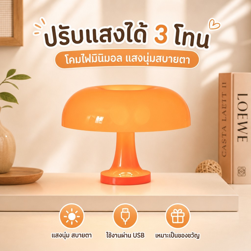🎈 ไฟตั้งโต๊ะ LED 🎈ทรงเห็ด มินิมอล USB ปรับแสงได้ โคมไฟอ่านหนังสือ ไฟหัวเตียง สำหรับห้องนอน
