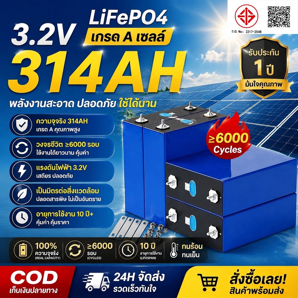 แบตเตอรี่ลิเธียมฟอสเฟตใหม่ 3.2V 314Ah แบตลิเธี่ยม lifepo4 3.2V 280ah /120ah ใช้ในงานโซล่าเซลล์ งานสำรองไฟ UPS