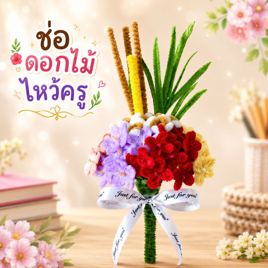 ช่อดอกไม้ไหว้ครู จัดส่ง 2-3วัน ช่อไหว้ครู ดอกเข็ม ดอกมะเขือ หญ้าแพรก ข้าวตอก