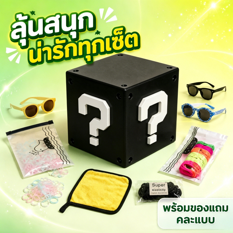 กล่องสุ่มสินค้า ประกอบด้วยแว่นตา ผ้าเช็ดทำความสะอาด และยางรัดผมหลากหลายสไตล์และสีสัน