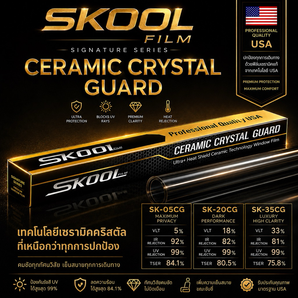 SKOOL Ceramic Crystal Guard Film | ฟิล์มเซรามิคแท้ เกรดพรีเมียม | คุณภาพเทียบชั้น Hi-Kool / 3M | กันร้อนโหด