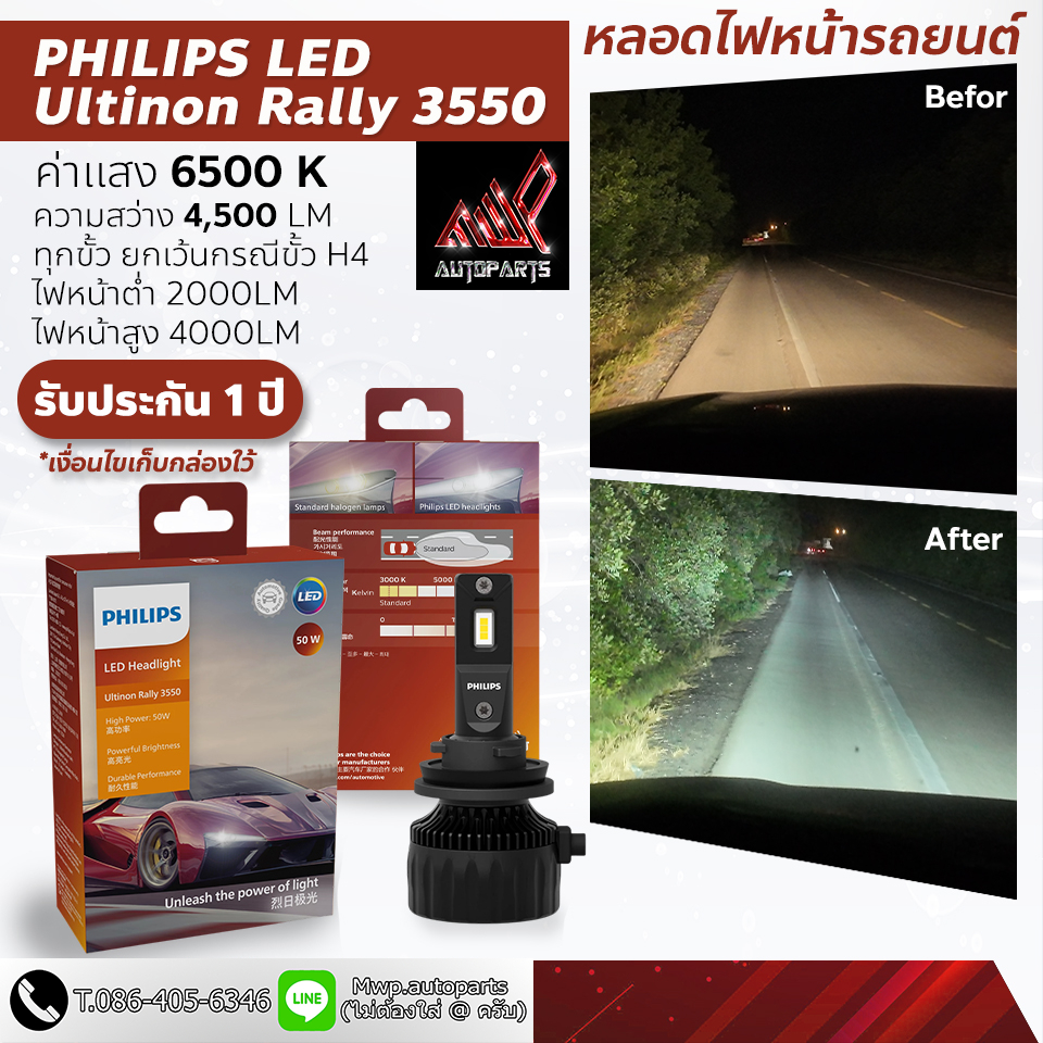 Philips Ultinon Rally 3550 HL-LED กำลังไฟ 50W ค่าแสง 6500K (สินค้าของแท้ พร้อมส่ง) รับประกัน 1ปี