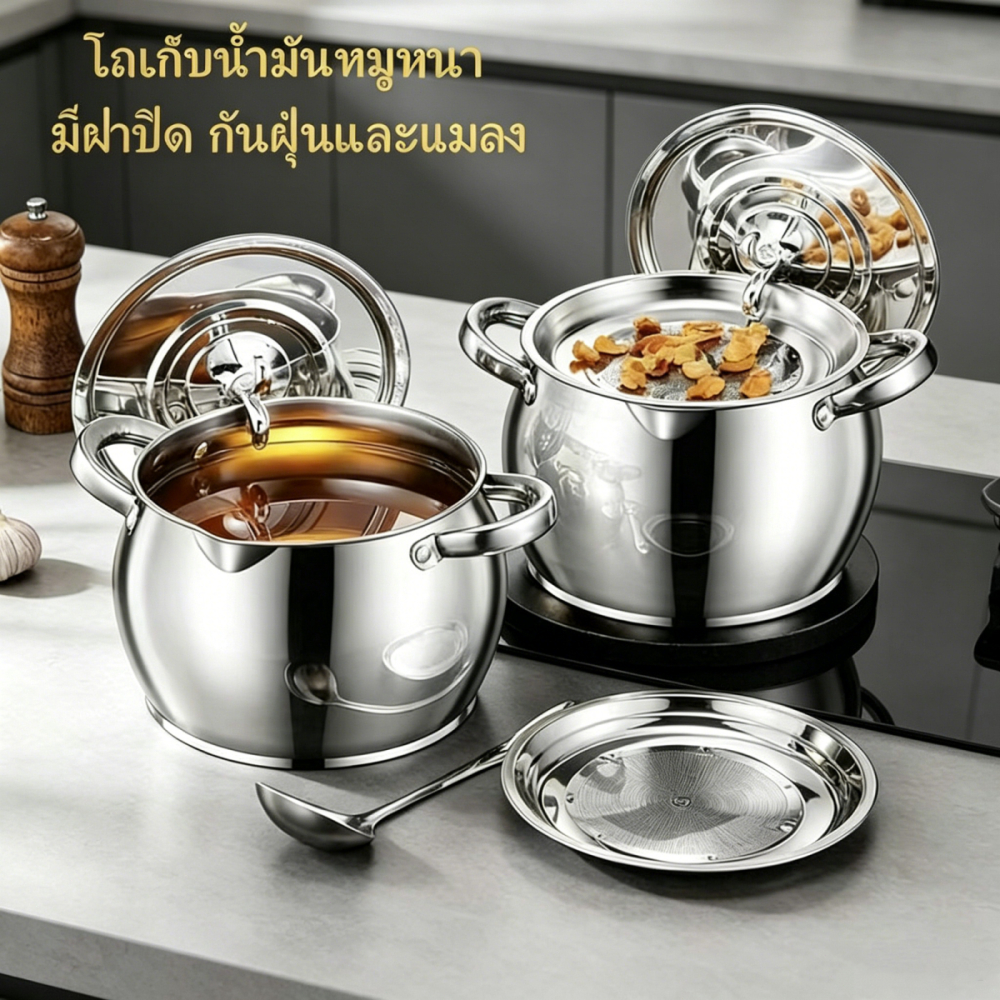 กระปุกน้ำมันสแตนเลส หม้อกรองน้ำมันพืช พร้อมฝาปิด มีช้อนแถมให้ พร้อมฝาปิด
