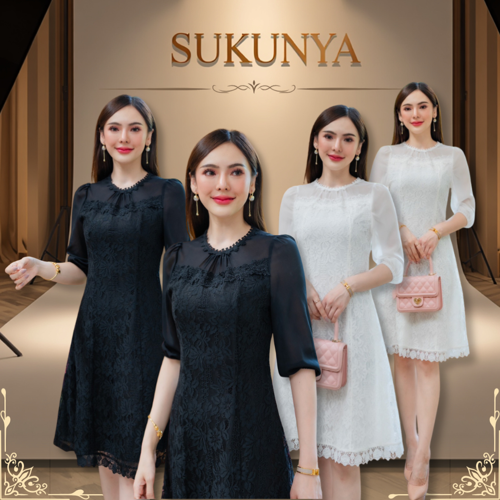 Sukunya 6721 :ชุดเดรสผ้าลูกไม้ซีทรูมีซับใน ช่าวคอและแขนใช้ผ้าชีฟองแต่งลูกไม้