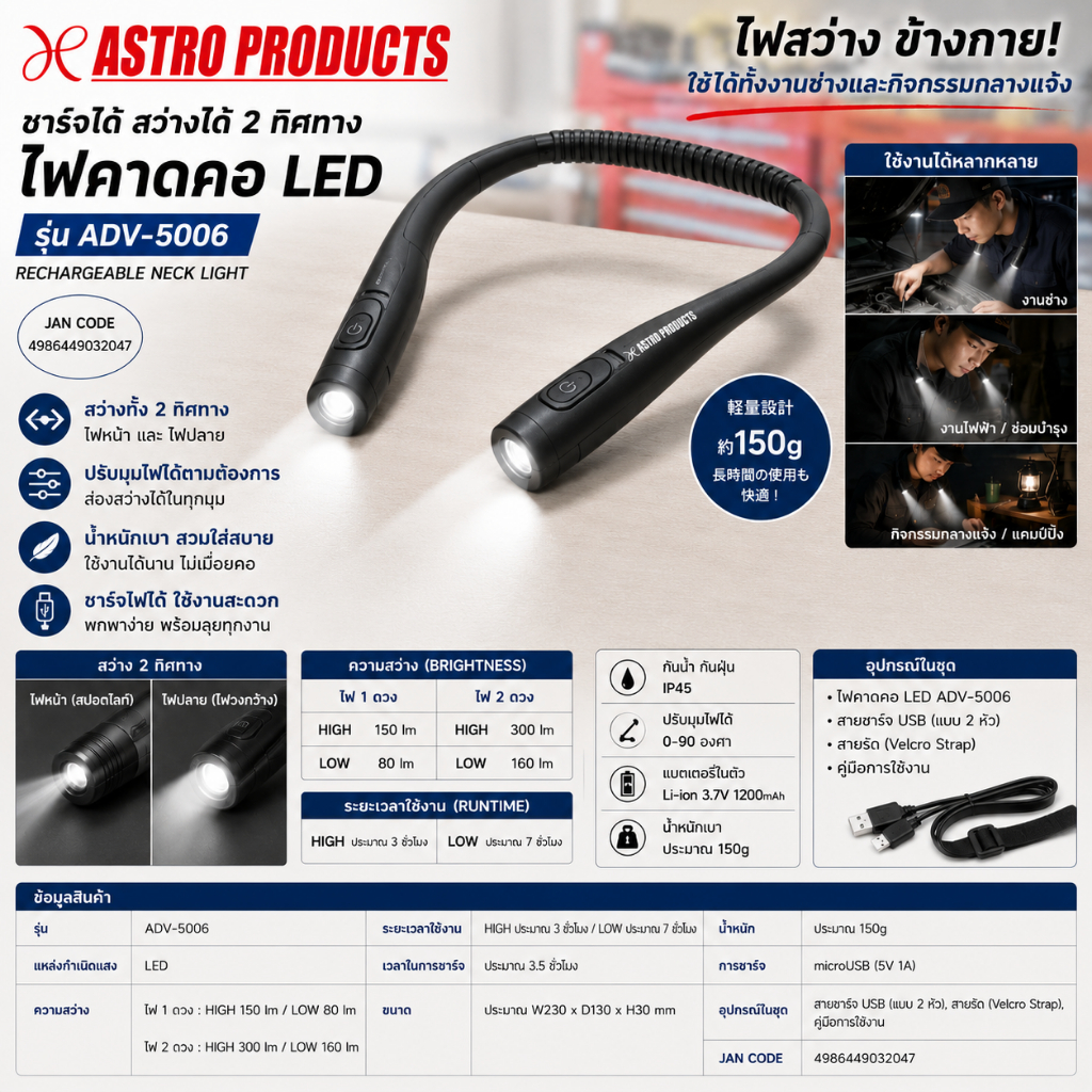 Astro Products ไฟ LED คล้องคอ ADV-5006 300lm IP45 / Rechargeable Neck Light