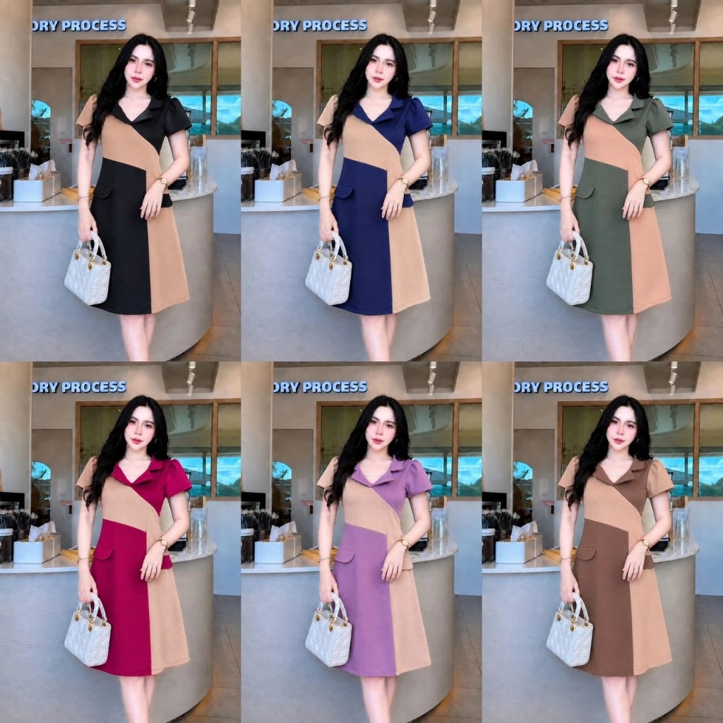 LR18_ชุดเดรสทรูโทน-กระโปรงบานทรงเอเสื้อคอวี เรียบหรูดูดี ผ้าวูลเวฟใส่สบาย