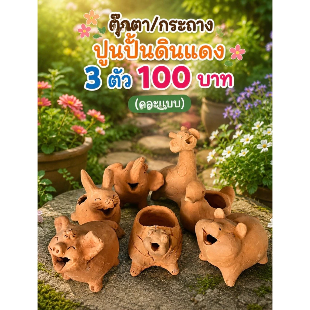 ตุ๊กตาดินแดงปูนปั้น /กระถางดินแดง ตกแต่งสวน 3 ตัว 100 บาทคละแบบ(เลือกแบบทักแชท)ธาตุสี่เซรามิก