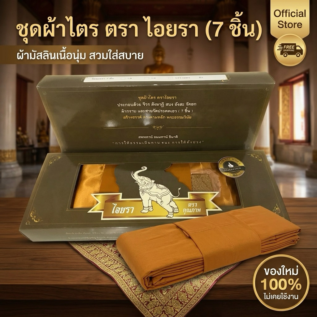 ผ้าไตรครองจีวร 7 ชิ้น เนื้อมัสลินอย่างดี (ของใหม่ 100%) | ตราไอยรา