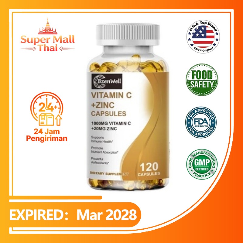 BzenWell วิตามินซี 1000mg + สังกะสี 20mg เสริมภูมิคุ้มกัน ต้านอนุมูลอิสระ ผิวกระจ่างใส 120 แคปซูล