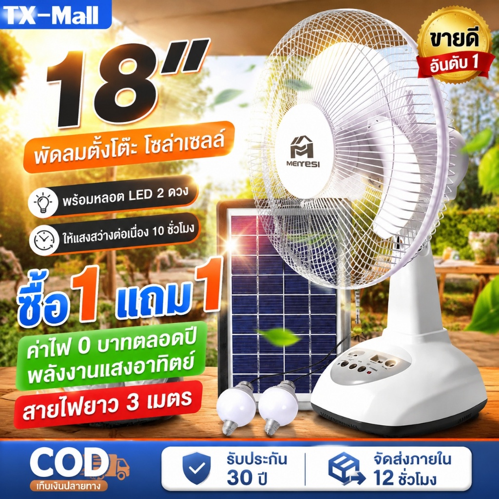 【รับประกัน10ปี】พัดลมโซล่าเซลล์ 12-18 นิ้ว พัดลมตั้งโต๊ะ Solar fan พัดลมตั้งพื้น พัดลม ใช้ไฟฟ้าได้ สองหลอดไฟพลังงานแสงอาท