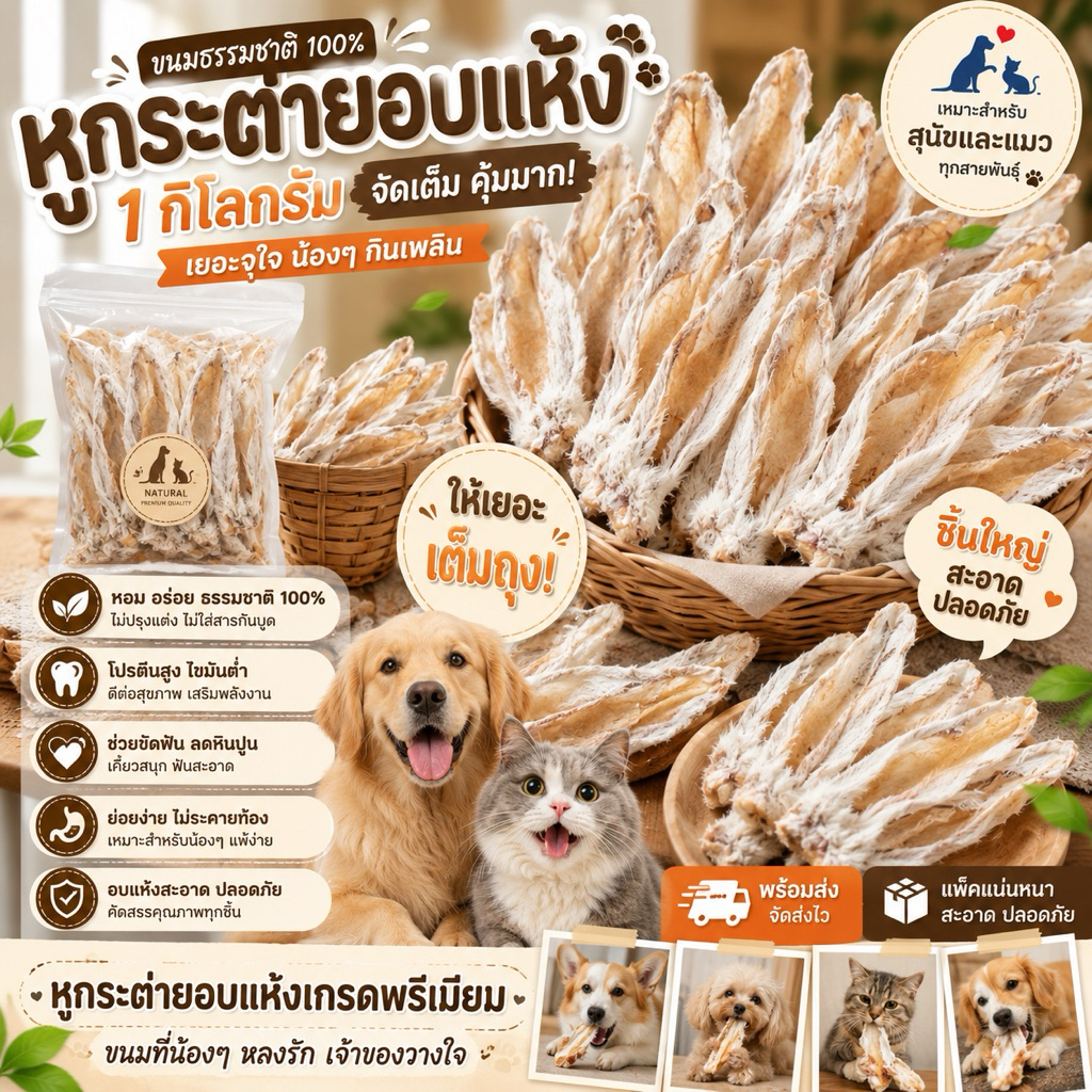 ~ ขายส่ง ~ หูกระต่ายอบแห้ง 1 กิโลกรัม  🐶หูกระต่ายถุงเล็ก เฉพาะหู