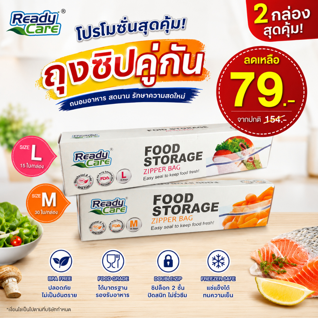 (แพ็คคู่) Readycare ถุงซิปบรรจุอาหาร แพ็คคู่ M+L ถุงซิปใส่อาหาร ถนอมอาหาร Food Grade