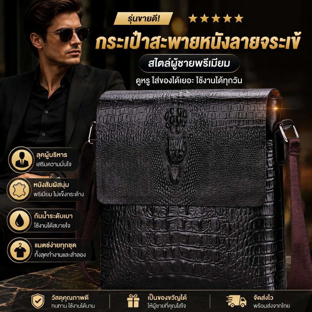 กระเป๋าสะพายผู้ชายลายจระเข้ หนังพรีเมียม รุ่นฮิต สไตล์นักธุรกิจ ดูหรู ใช้งานได้ทุกวัน