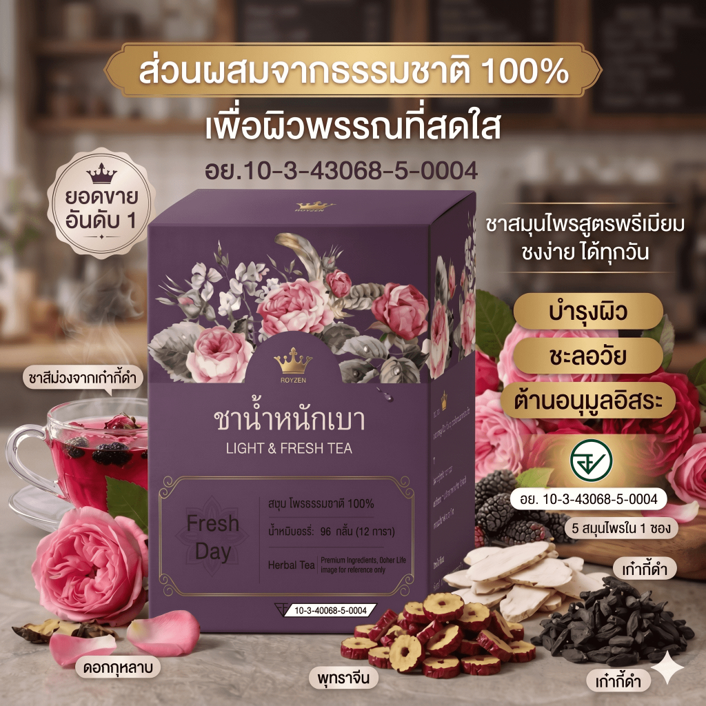 [มี อย.] Royzen tea ชาจีนสูตรสีม่วง ชากุหลาบ มัลเบอร์รี่ ออแกรนิก