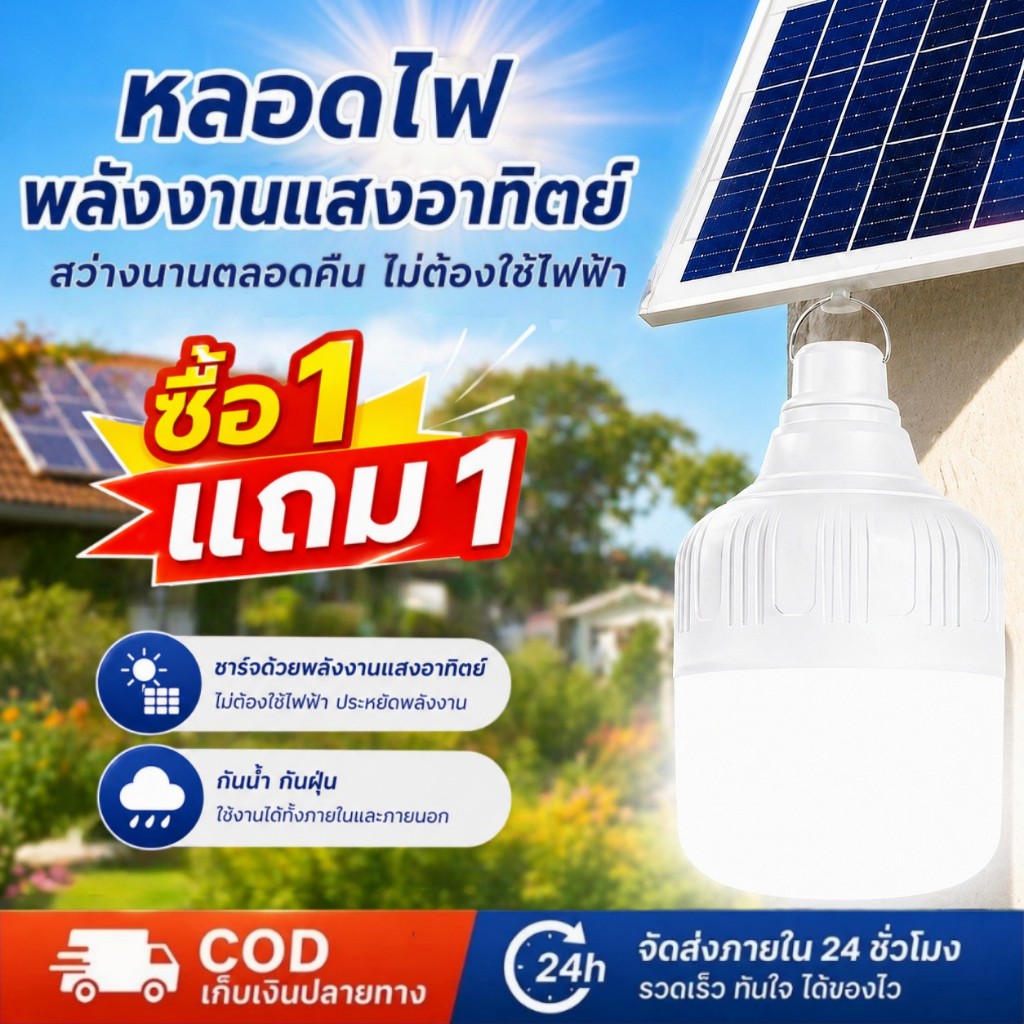 💥 ซื้อ 1 แถม 1 💥 1000000W หลอดไฟพลังงานแสงอาทิตย์เกรดกันน้ำ IP67 สามสี / สีเดียวสองประเภทไฟเป็นตัวเลือกไฟสว่างอัตโนมัติ