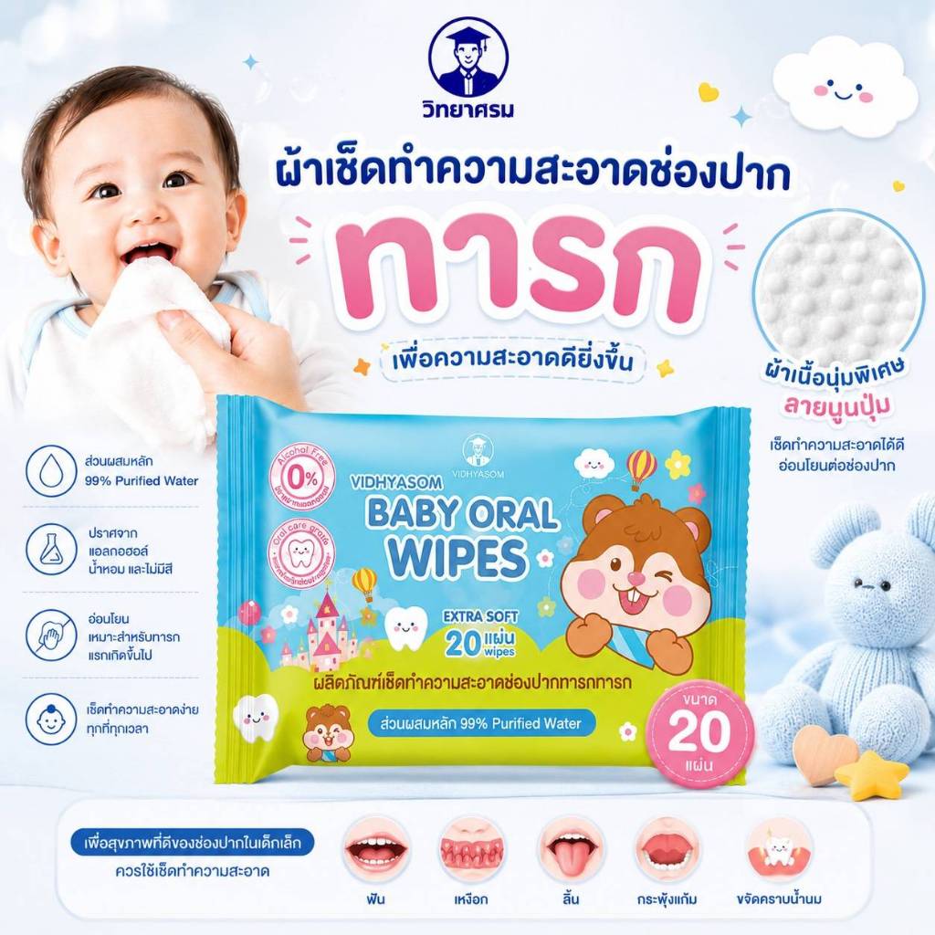 🛵ส่งด่วนทันทีตัดรอบ5โมงเย็น🛵วิทยาศรม Baby Oral Wipe ผ้าเช็ดทำความสะอาดช่องปากสำหรับเด็กทารก