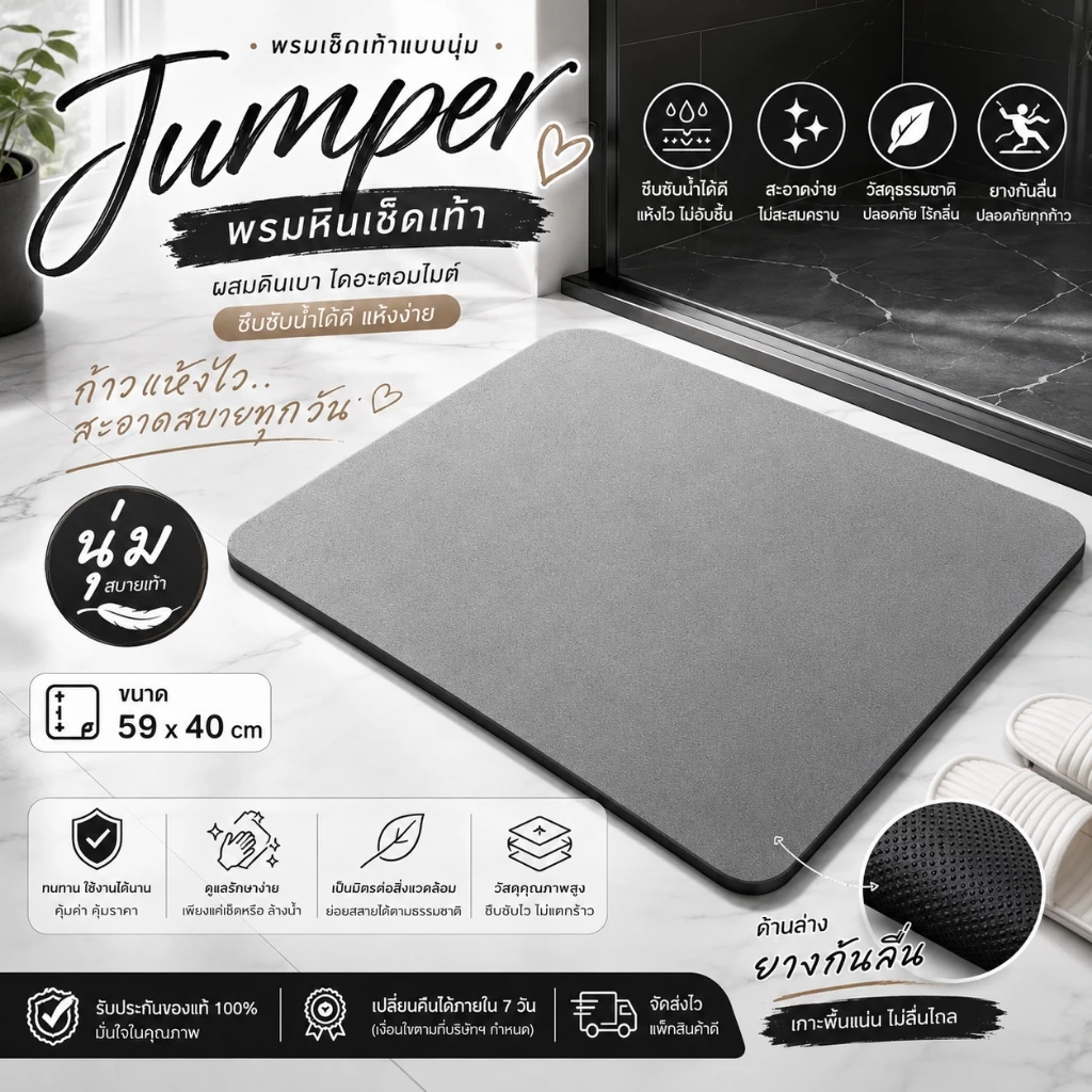 Jumper Kids พรมเช็ดเท้า พรมเช็ดเท้าแบบนุ่ม ผสมดินเบา ไดอะตอมไมต์ ซึบซับน้ำได้ดี แห้งง่าย 59 x 40cm ไม่ใช่พรมหิน