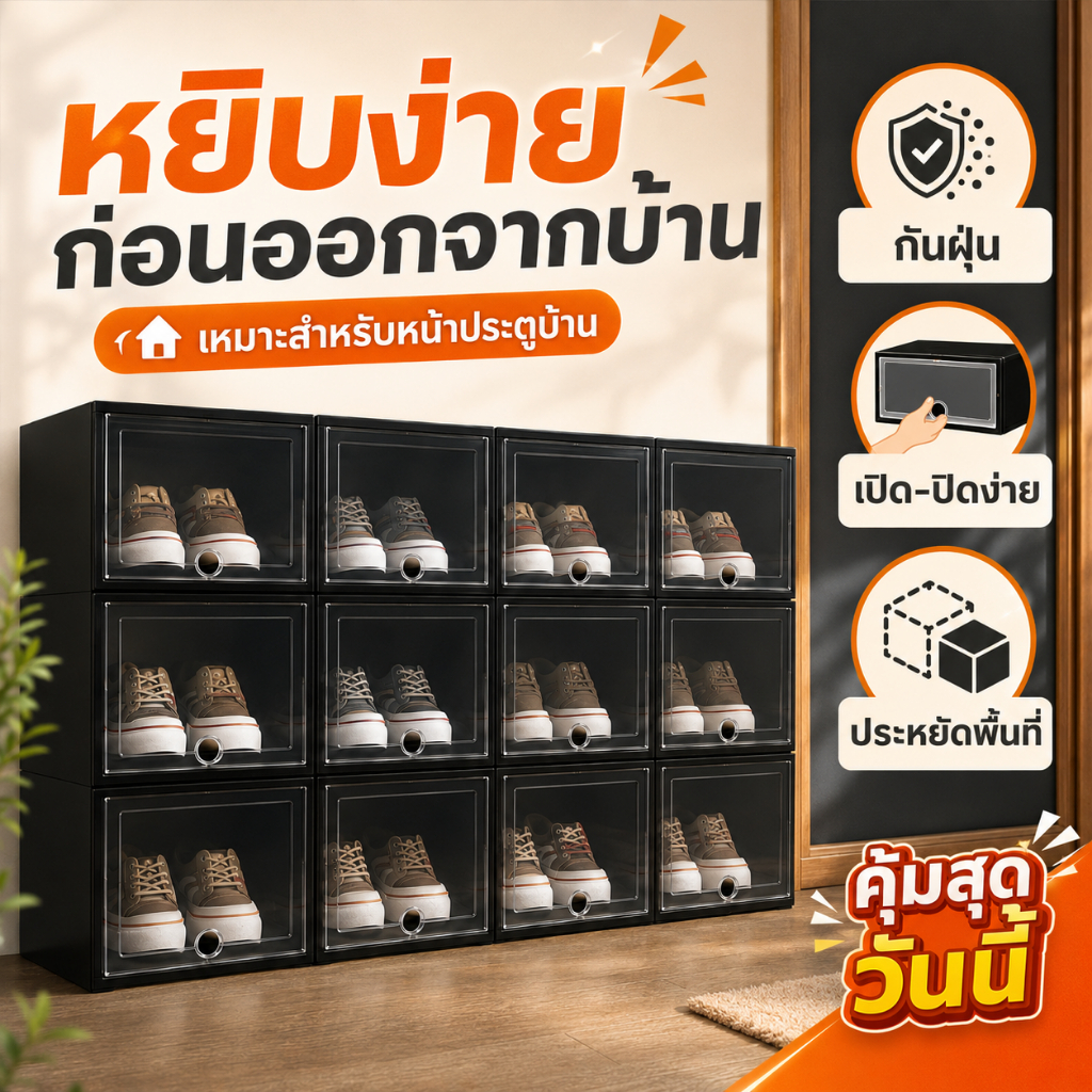 🌟แพ็ค 12 กล่อง🌟 กล่องรองเท้าใส พับได้ วางซ้อนได้ เปิดฝาหน้า กันน้ำ กันฝุ่น