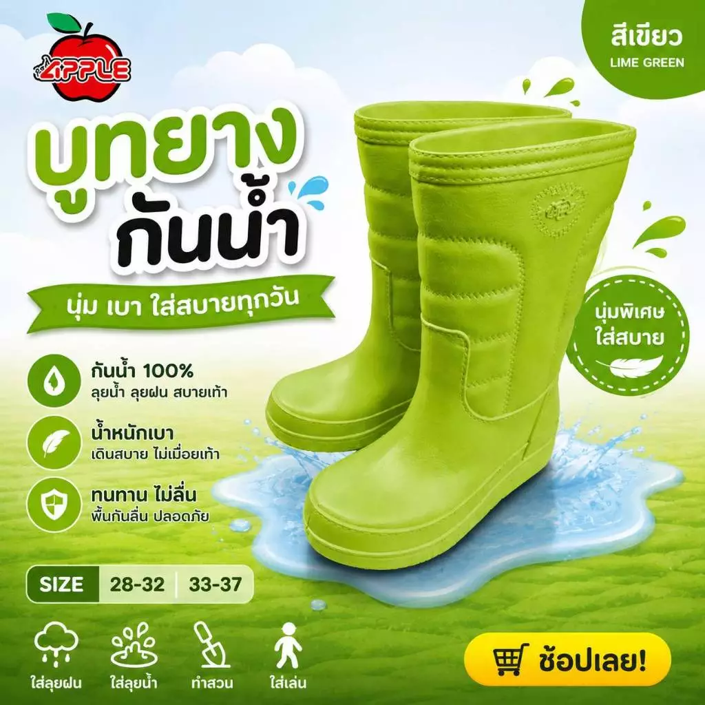 *มีไซส์พิเศษ 12-12.5 * Red apple รองเท้าบูทกันน้ำ ไฟล่อน SK103 ไซส์ 9-12.5 (ใส่ได้ชาย-หญิง)
