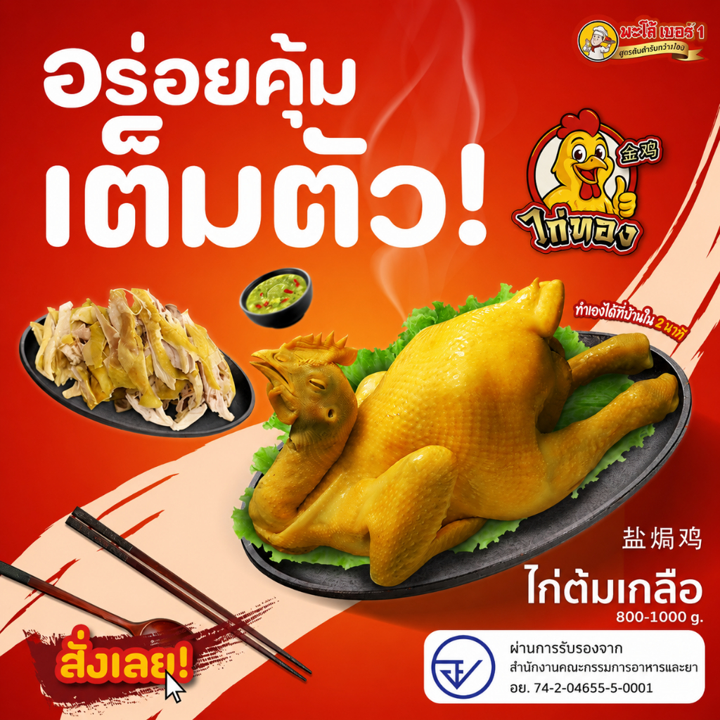 ไก่ต้มเกลือ (800-1000 กรัม) หนังกรอบ เนื้อนุ่มชุ่มฉ่ำ พร้อมรับประทาน ไม่ต้องหั่น เป็นชุดอาหารปรุงสุกพร้อมทานสำหรับครอบคร