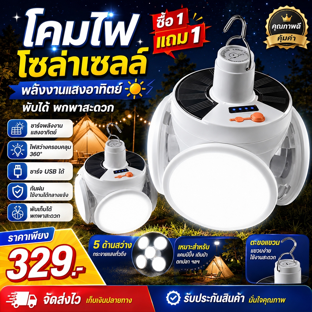 【รับประกัน2ปี】แสงแสงอาทิตย์ ไฟตั้งแคมป์กลางแจ้ง โคมไฟตั้งแคมป์ 10000w กันน้ำสำหรับ แบตนาน72h แสงแสงอาทิตย์ แสงอาทิตย์