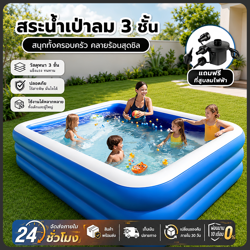 🚚จัดส่งฟรี สระน้ํา สระน้ำเป่าลม 2เมตร 3 เมตร 3 ชั้น พร้อมปั๊ม PVCทนทาน พกพาสะดวก สำหรับครอบครัว