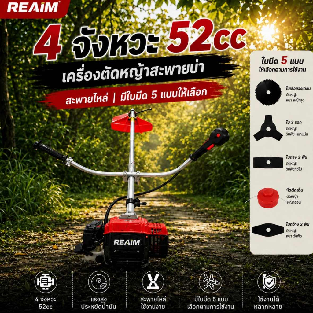 REAIM เครื่องตัดหญ้า 4 จังหวะ 52cc สะพายบ่า ตัดหญ้าหนาแรงดี มีใบมีดให้5ใบ คุ้มค่าสุดๆ