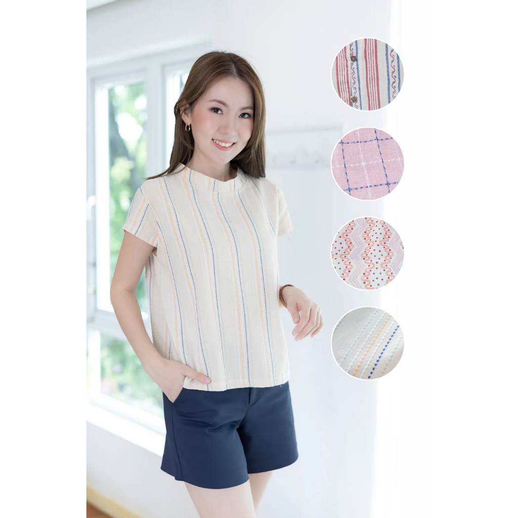 Narinari : PT0144 Back-Button Breeze Top 🪡🧵 เสื้อคอตตอนลินิน กระดุมหลัง