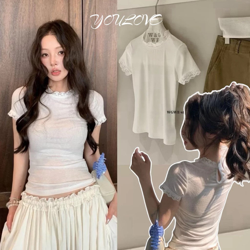 พร้อมส่งจากกทม✨เสื้อแขนสั้นคอกลม แต่งลูกไม้ เนื้อผ้าดี ทรงสวย ใส่สบาย