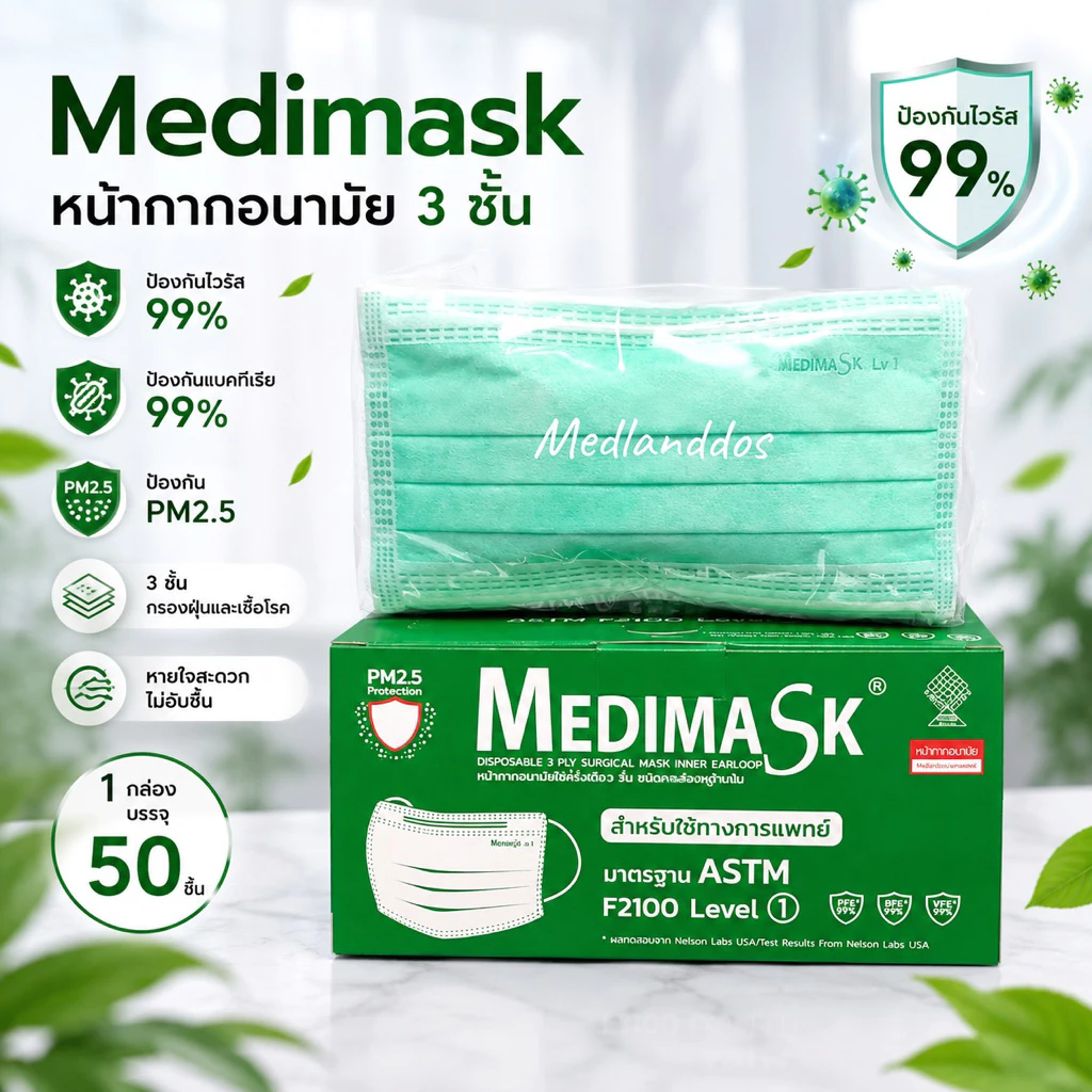 หน้ากากอนามัย Medimask 3ชั้น 50ชิ้นต่อกล่อง เกรดการแพทย์ ใช้ในโรงพยาบาล