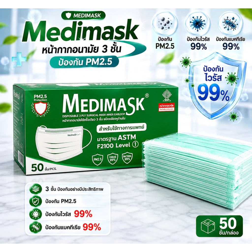 หน้ากากอนามัย Medimask 3ชั้น 50ชิ้นต่อกล่อง เกรดการแพทย์ ใช้ในโรงพยาบาล พร้อมส่ง