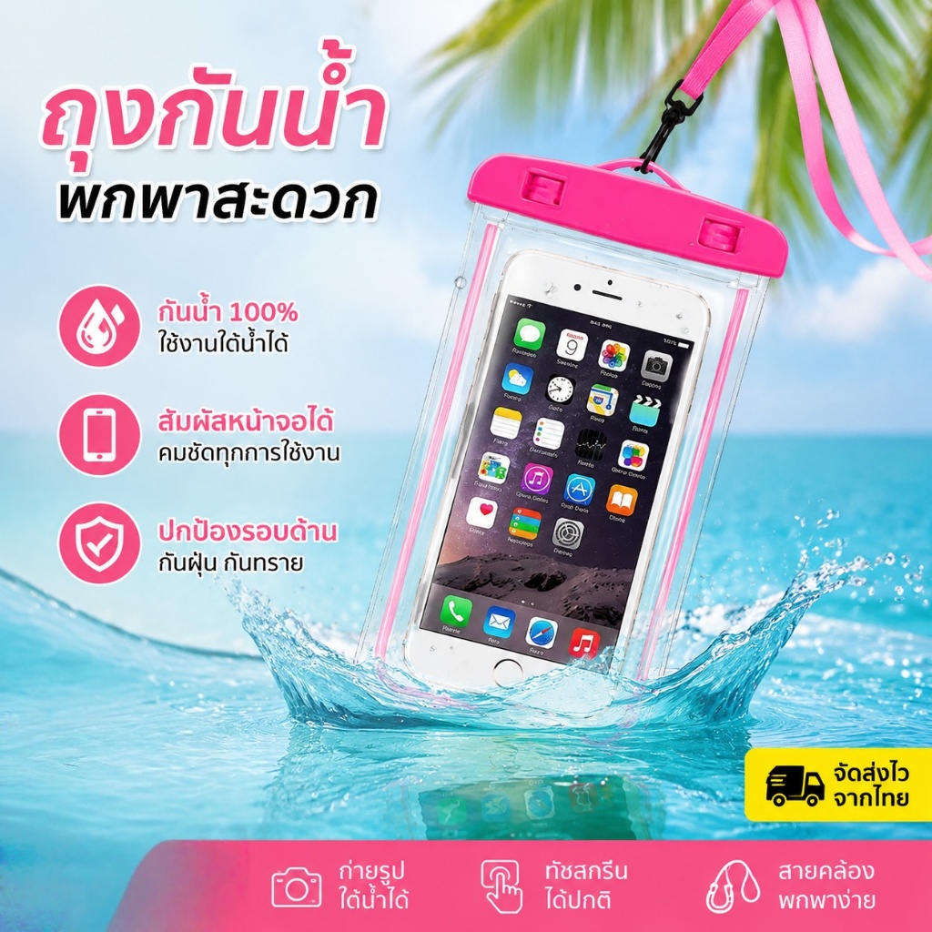 ซองกันน้ำ ล็อคแน่น 3 ชั้น พร้อมสายคล้องคอ ซองกันน้ำใส  ทัชสกรีนได้ PVC
